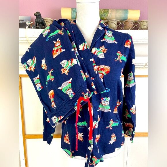 NWOT flannel 2 pc. pj set Xmas animals in hats: dogs, cats, iguanas runs big - Picture 1 of 13